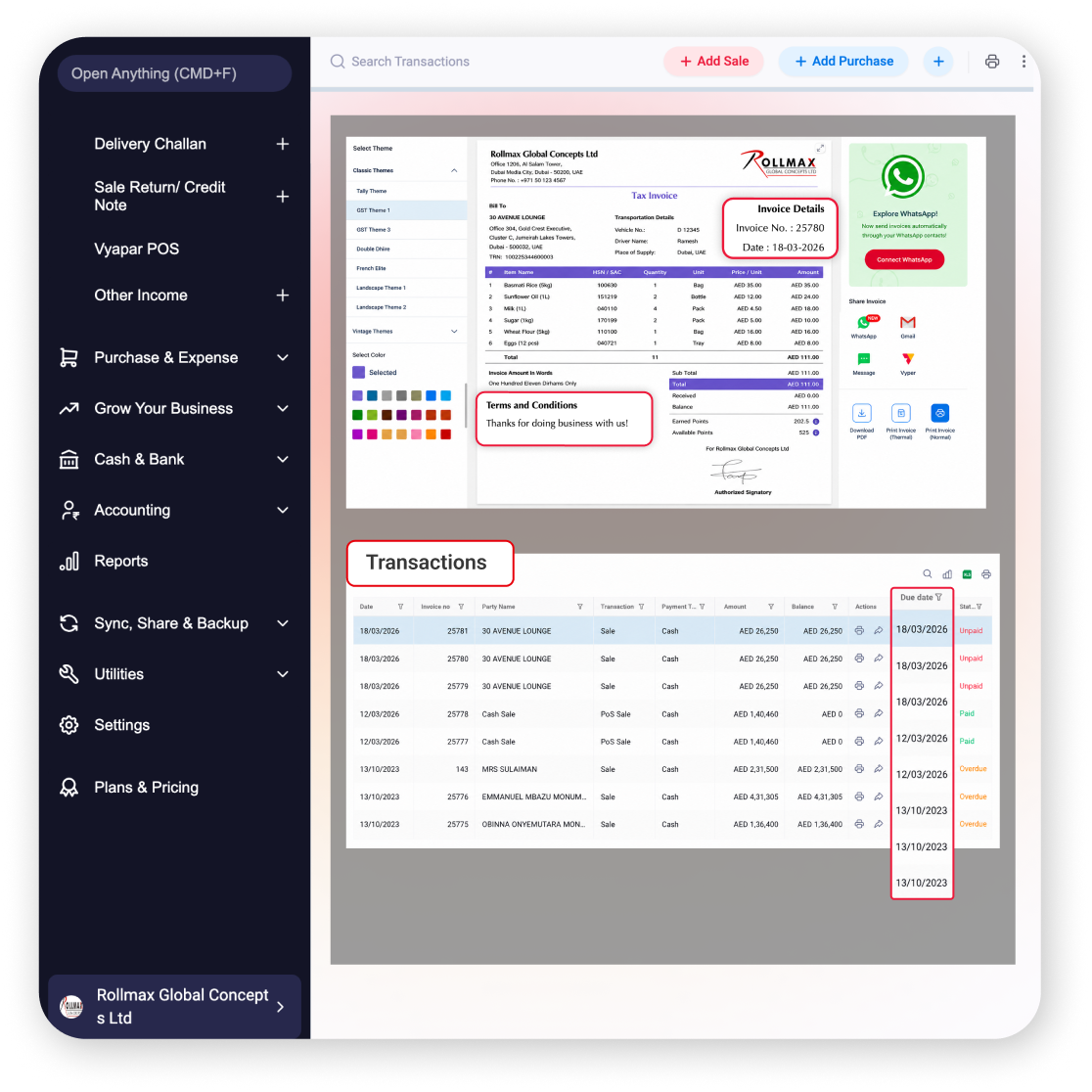 due dates payment terms invoicing software UAE