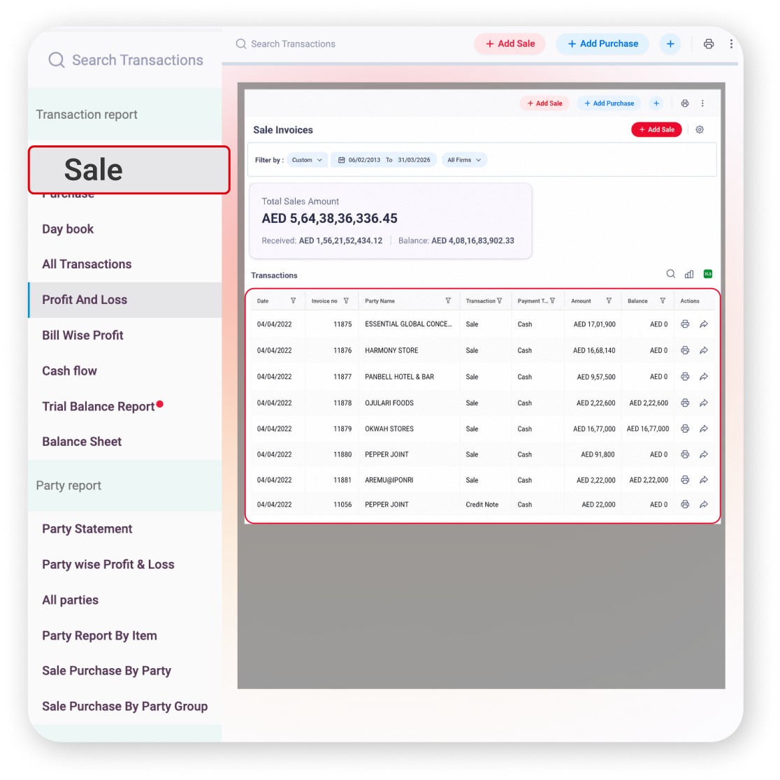 invoice transaction reports billing software UAE