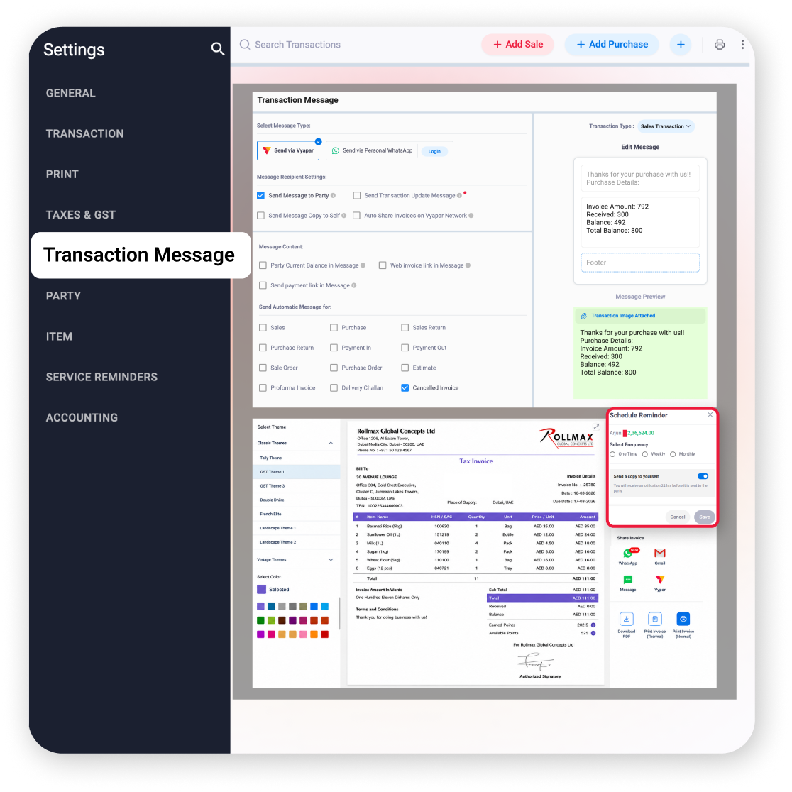 transaction messages reminders invoicing software UAE