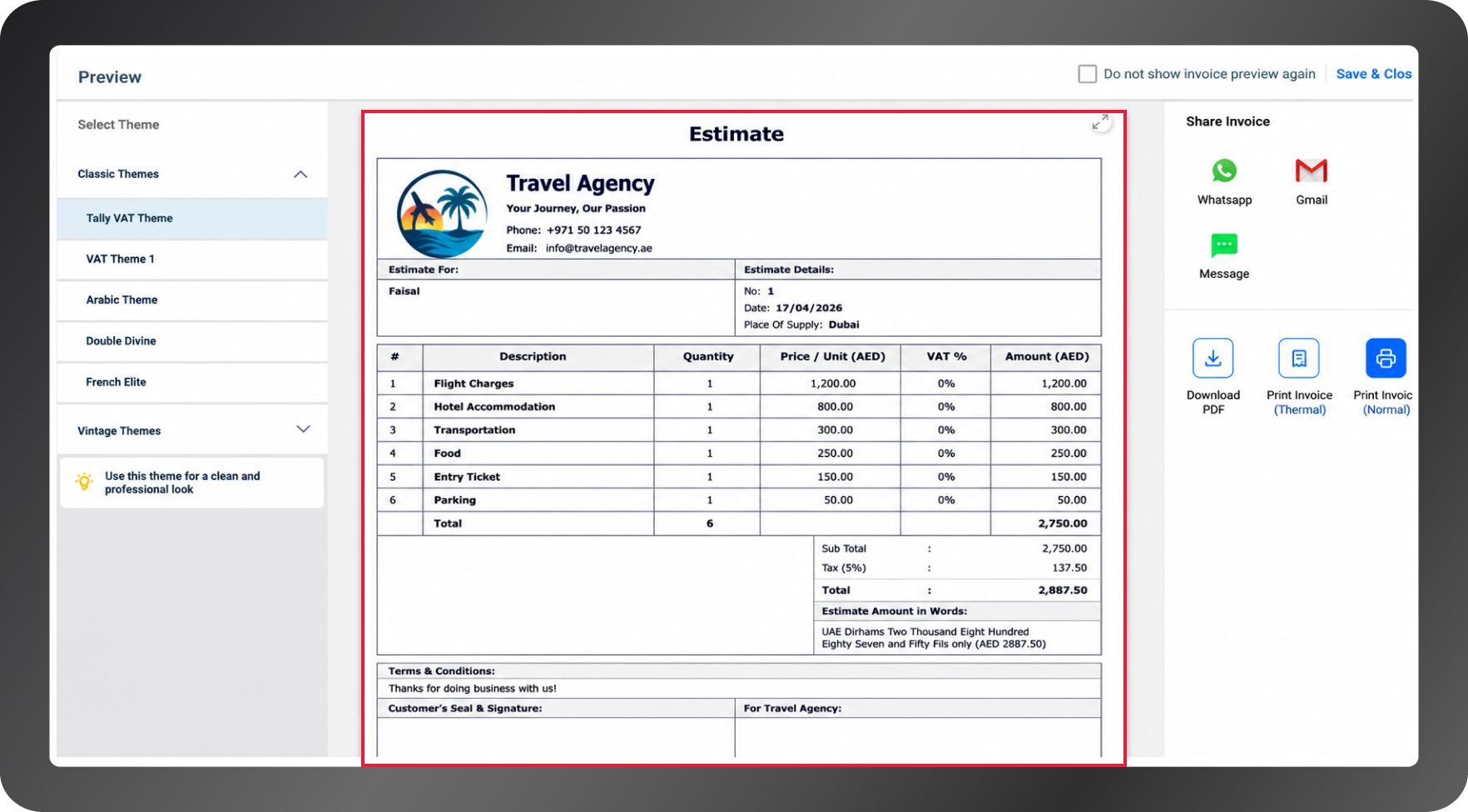 travel estimates quotations UAE accounting software