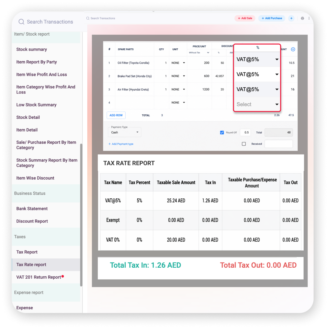 VAT billing reports spare parts inventory UAE