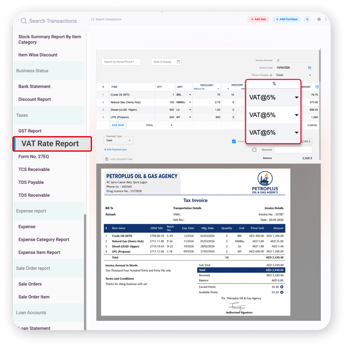 VAT invoicing oil gas accounting software UAE