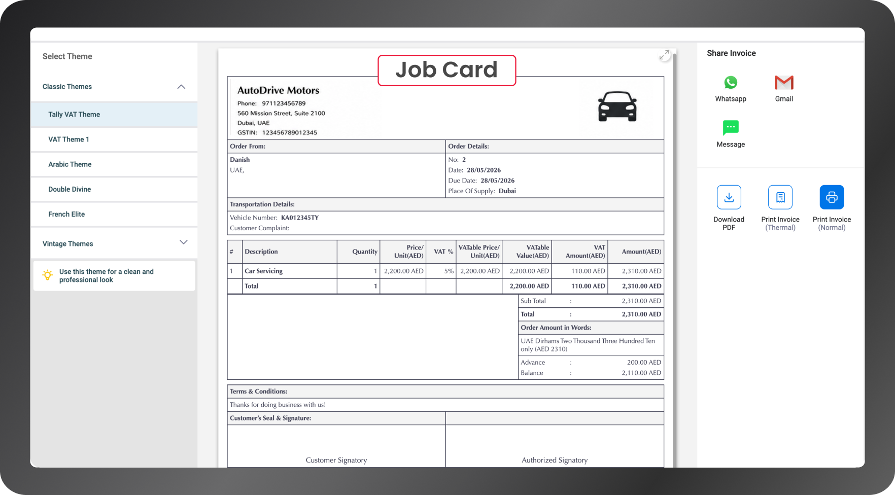 job card automobile billing software UAE