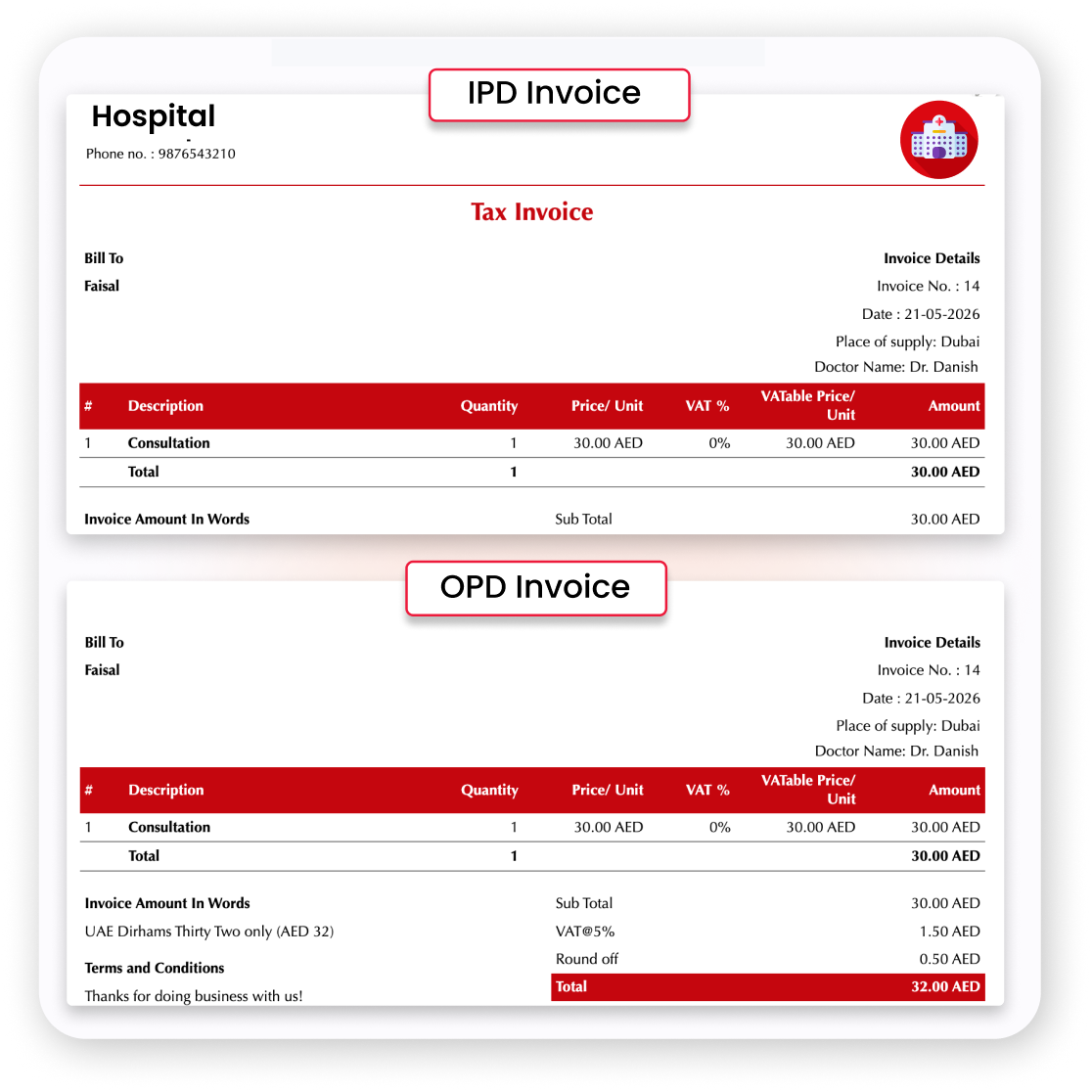 OPD IPD billing hospital UAE