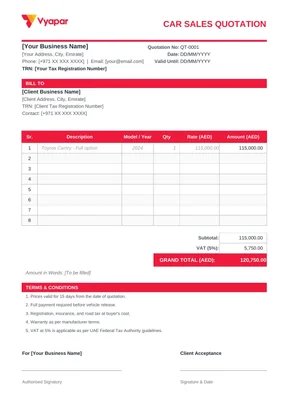 Car Quotation Format in Excel