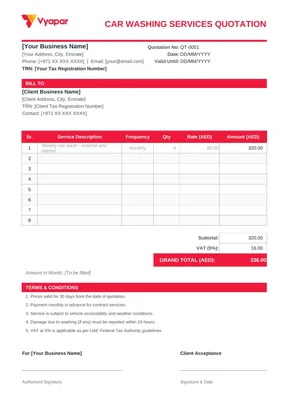 Car Washing Quotation Format in Excel