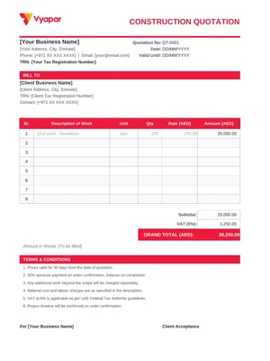 Construction Quotation Format in Excel