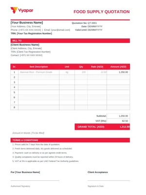 Food Quotation Format in Excel