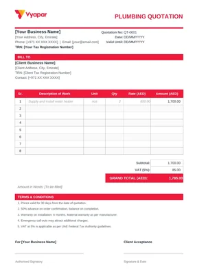 Plumbing Quotation Format in Excel