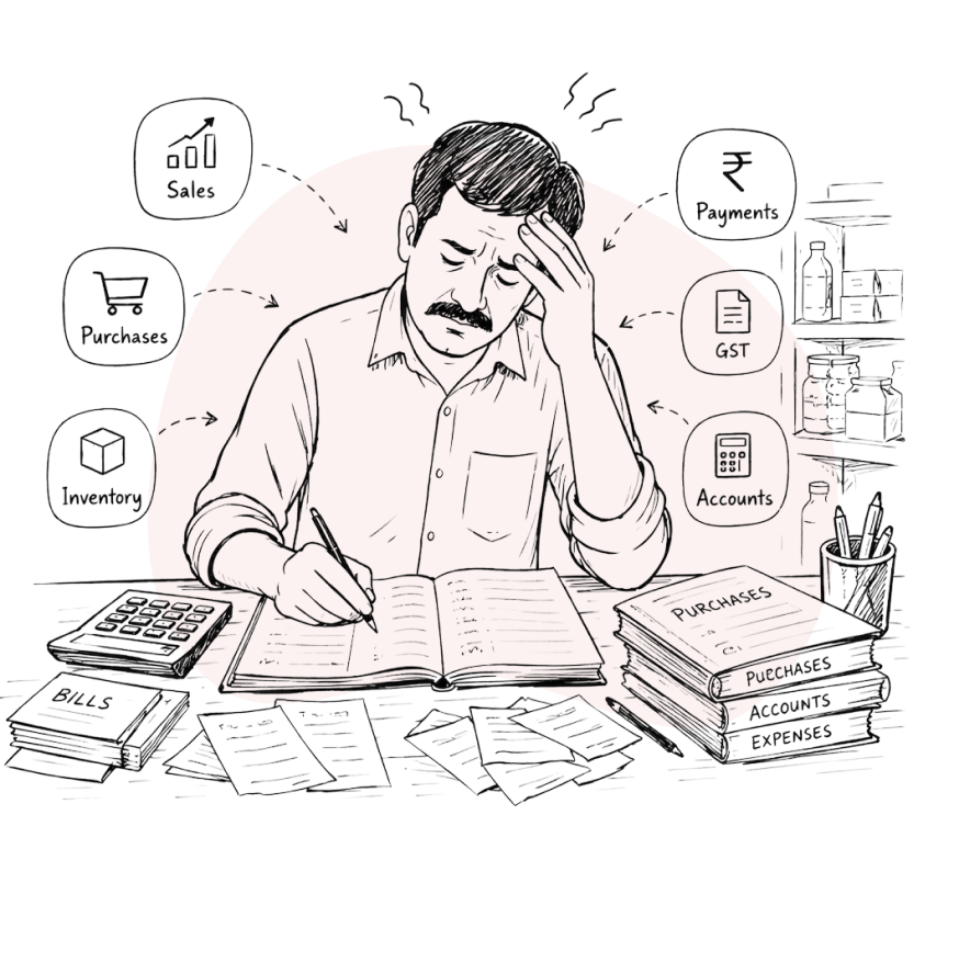 A shopkeeper juggling paper bills, ledgers and stock lists
