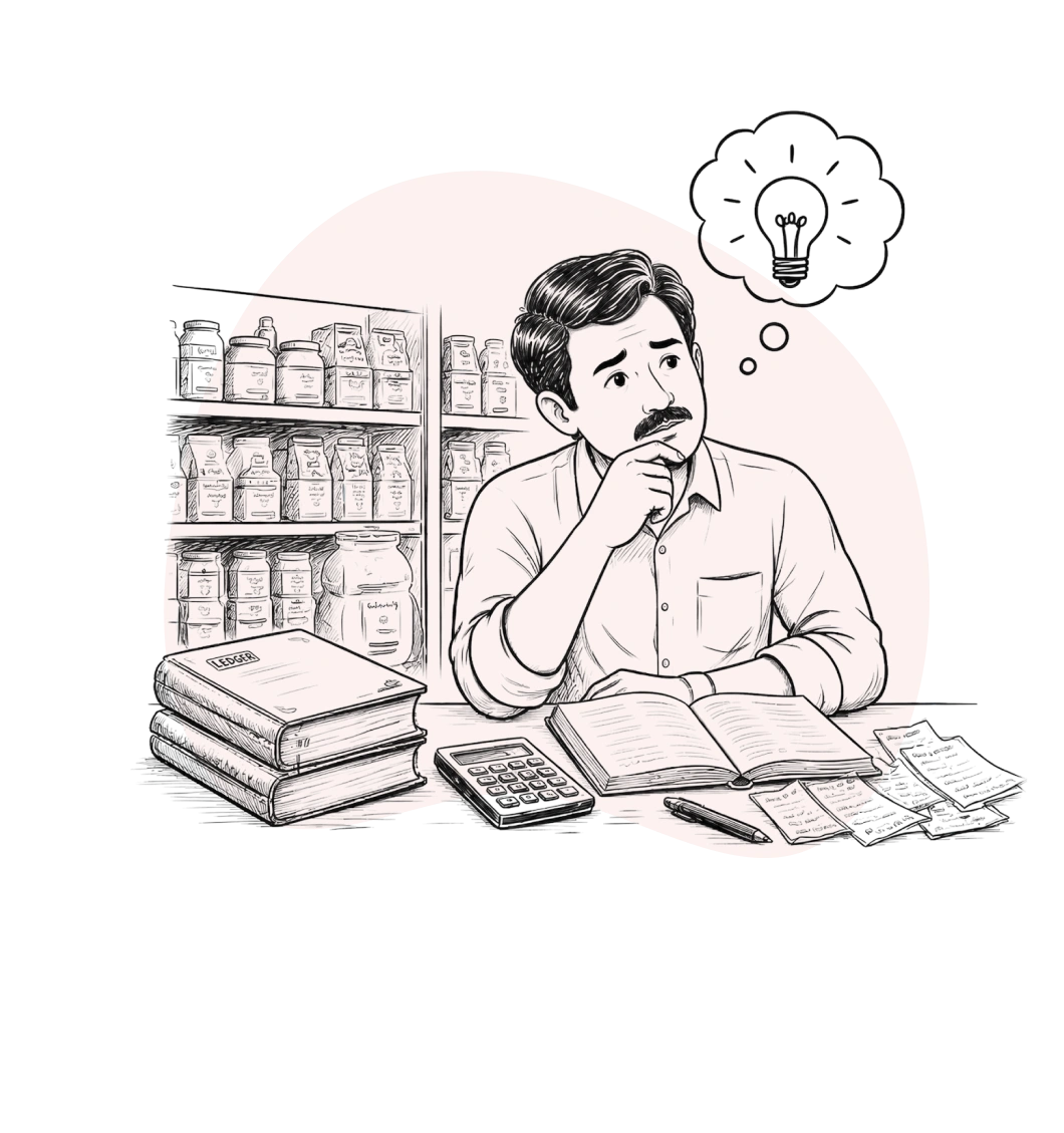 A shop owner reviewing accounts written by hand in a notebook