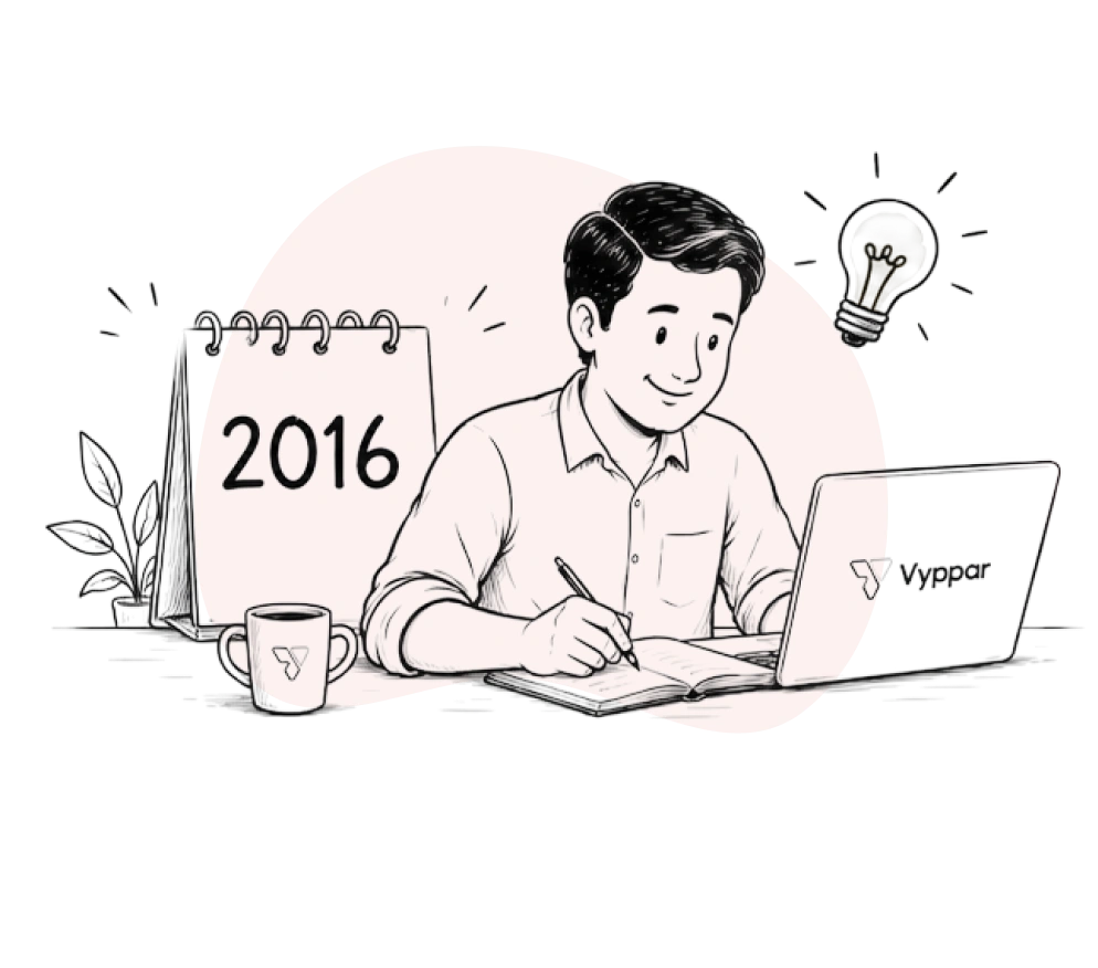 Vyapar’s founding year, 2016, marked on a desk calendar beside a laptop